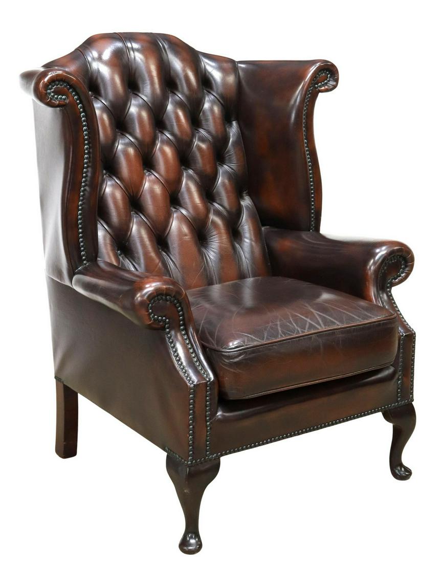 QUEEN ANNE STYLE BROWN LEATHER WINGBACK ARMCHAIR (1 of 3)