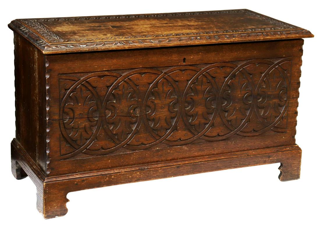ENGLISH CARVED OAK STORAGE TRUNK (1 of 5)