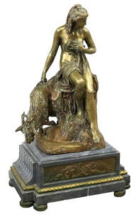 AFTER PIERRE JULIEN FRENCH BRONZE AMALTHEA & GOAT: French bronze sculpture, "Amalthee et la chevre de Jupiter" (Amalthea and Jupiter's Goat), after Pierre Julien (French, 1731-1804), marked GS, Medaille D'Or, 1867, resting on a Bardiglio marble base,