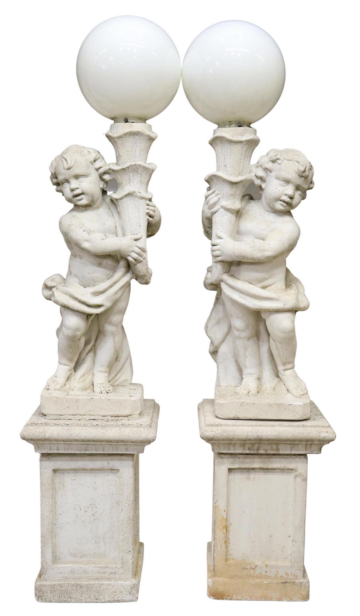 (2) CAST STONE CHERUB GARDEN POST LAMPS (1 of 2)
