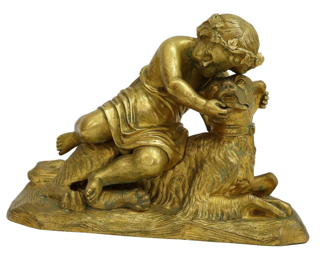 FRENCH BRONZE DORE SCULPTURE PUTTI & DOG (1 of 4)