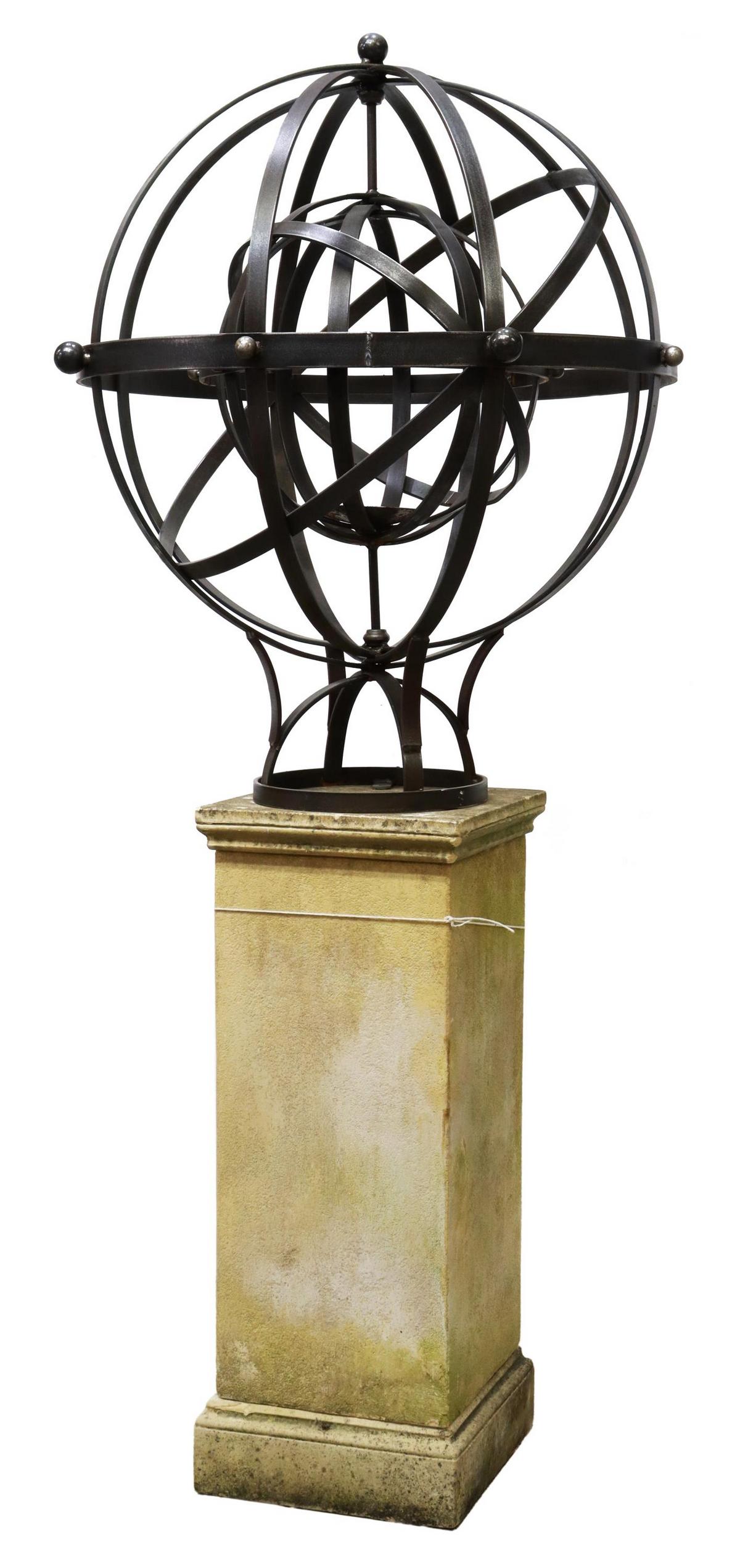 LARGE IRON ARMILLARY SPHERE ON STONE PEDESTAL (1 of 2)
