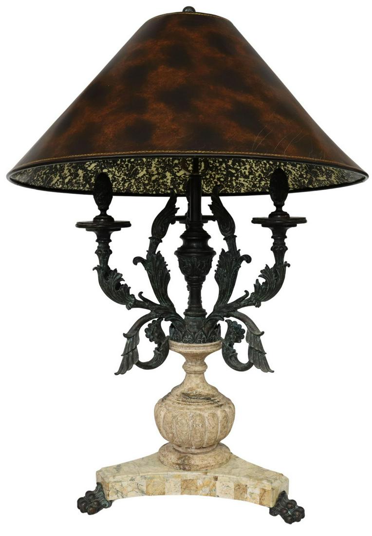 LARGE BRONZE & MARBLE PAW FOOT 2-LT TABLE LAMP (1 of 3)