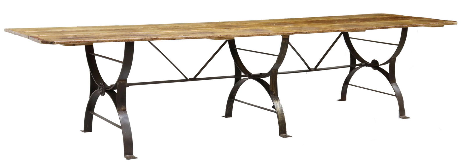 LARGE PINE & CAST IRON TRIPLE PEDESTAL TABLE 130"L (1 of 3)