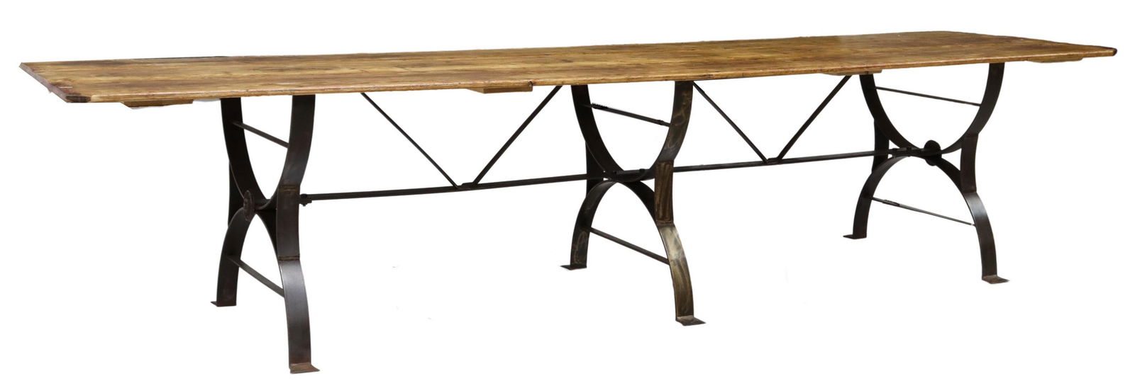 LARGE PINE & CAST IRON TRIPLE PEDESTAL TABLE 130"L (1 of 3)