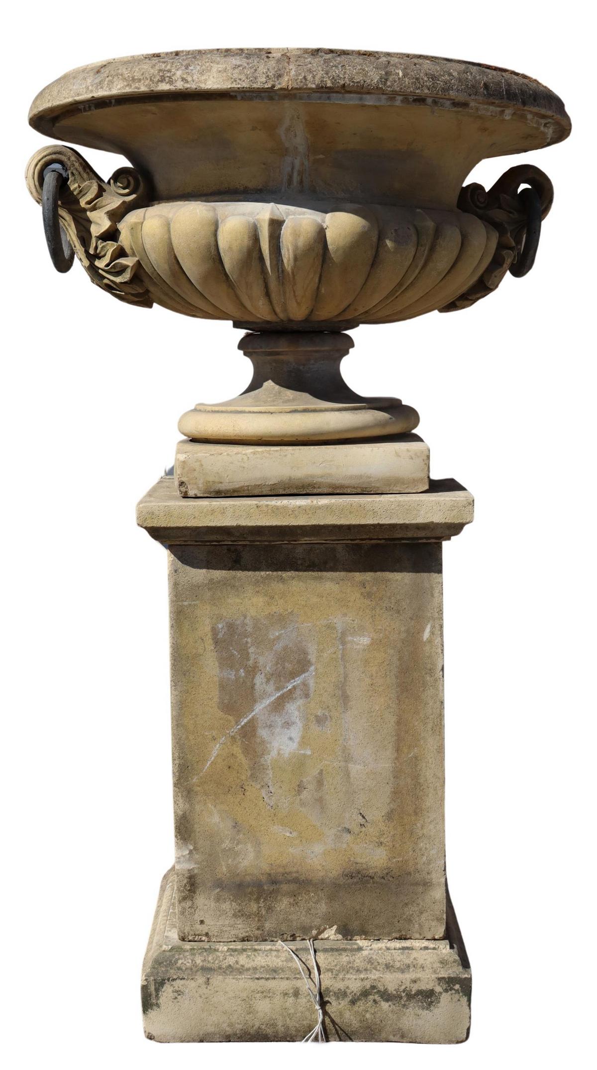 CAST STONE GARDEN URN ON PEDESTAL BASE (1 of 4)