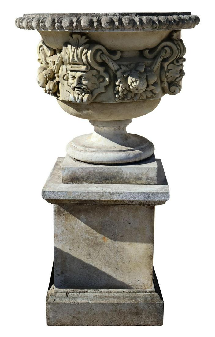 LARGE CAST STONE GARDEN URN ON PEDESTAL BASE (1 of 4)
