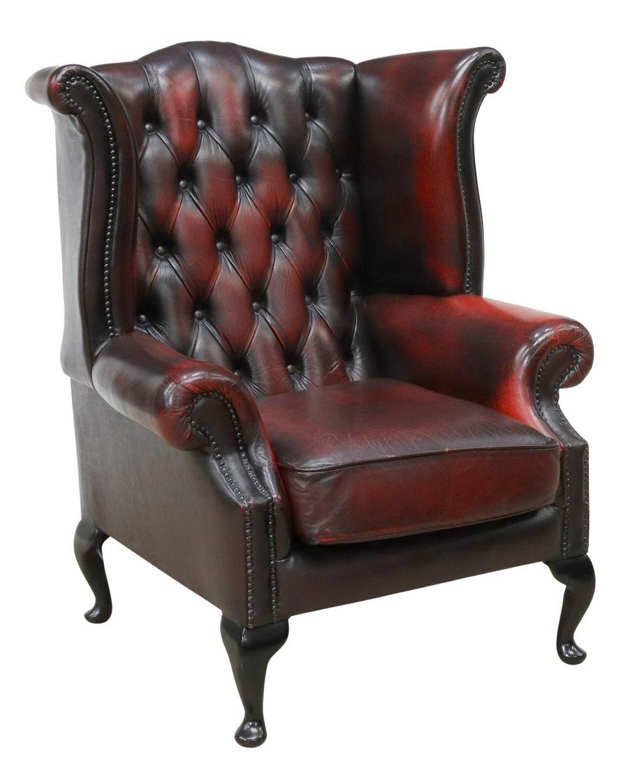 QUEEN ANNE STYLE OXBLOOD LEATHER WINGBACK ARMCHAIR (1 of 3)