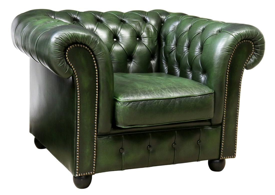 ENGLISH BUTTONED GREEN LEATHER CLUB CHAIR (1 of 4)