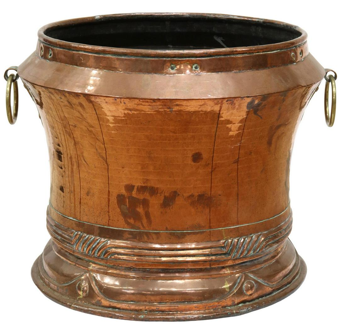 LARGE REPOUSSE COPPER PLANTER BRASS RING HANDLES (1 of 3)