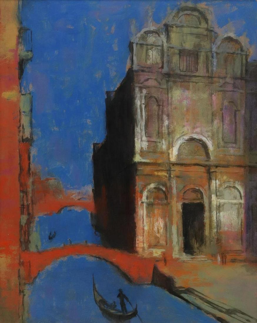 JAN HOOWIG (1907-1987) VENETIAN CANAL PAINTING: Framed oil on Masonite painting, Venetian Canal, signed upper right Jan Hoowij (California, 1907-1987), sight: approx 29.5"h, 23.5"w, overall: approx 37.5"h, 31.5"w, 8.75lbs Start Price: $80.00