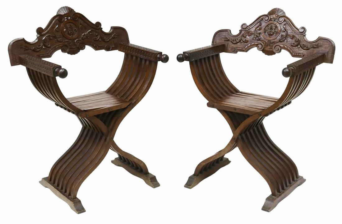 (2) ITALIAN SAVONAROLA SLATTED CURULE CHAIRS (1 of 3)