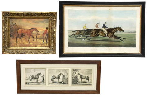 (3) FRAMED ENGLISH EQUESTRIAN SPORTING PRINTS: (lot of 3) Framed equestrian prints, including: (1) embellished print on canvas, "Coming Home," after Charles Spencelayh (English, 1865-1958), (1) engraving on paper, three plates from "Twelve of the