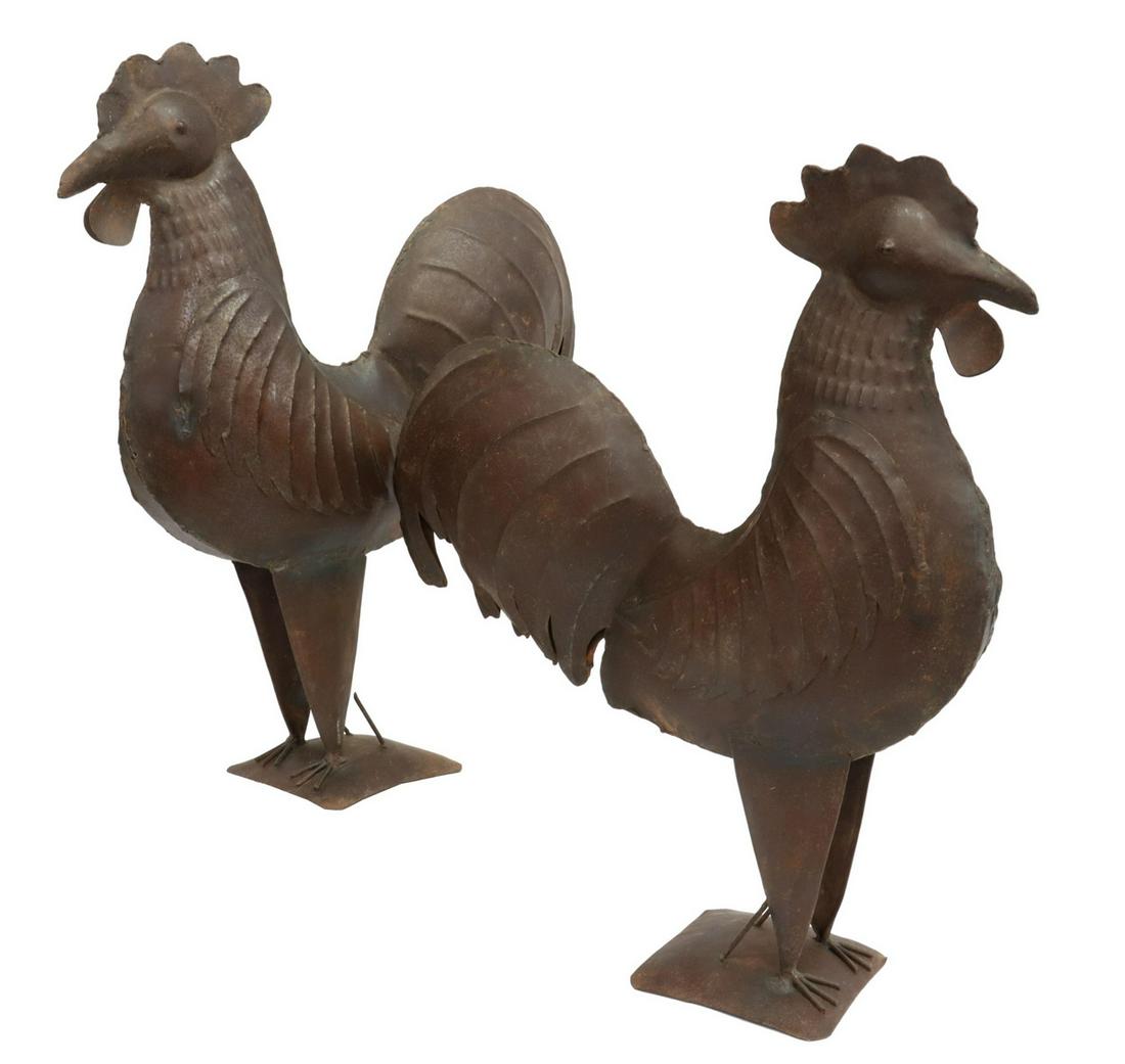 (PAIR) OXIDIZED STEEL ROOSTER SCULPTURES (1 of 3)