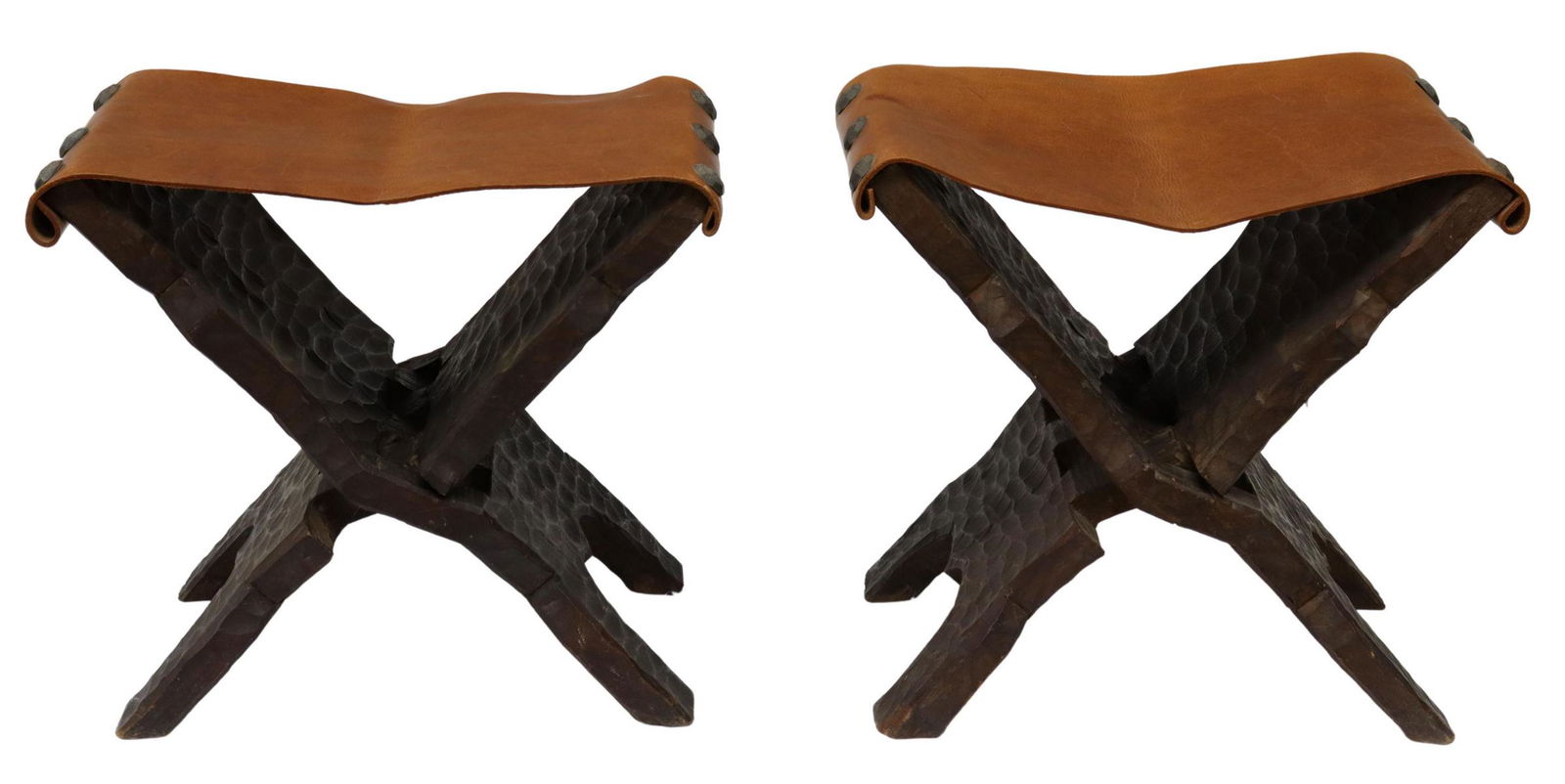 (2) RUSTIC LEATHER SEAT FOLDING STOOLS (1 of 4)