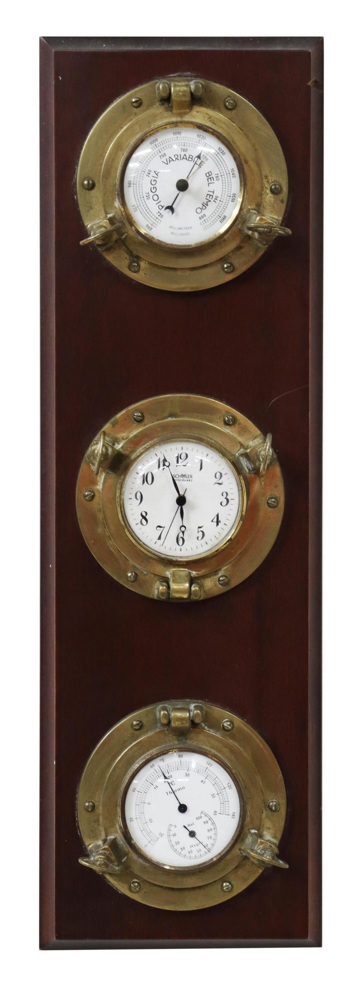 NAUTICAL BRASS PORTHOLE BAROMETER, CLOCK, THERM (1 of 4)