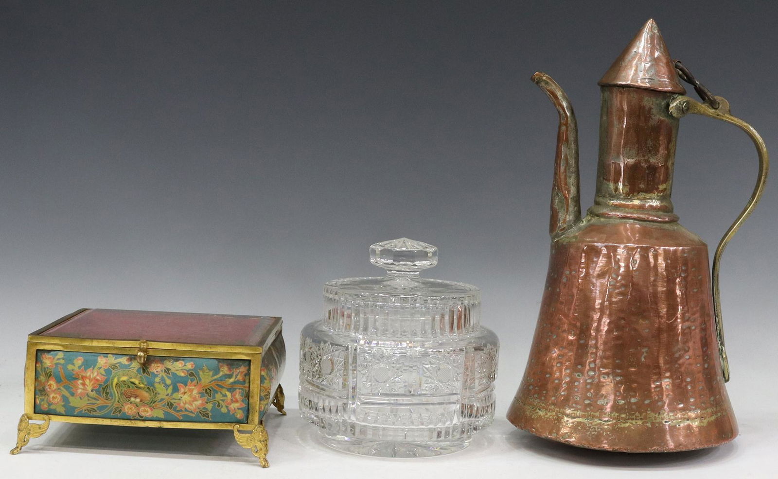(3) DECORATIVE GLASS BOXES & COPPER EWER (1 of 3)