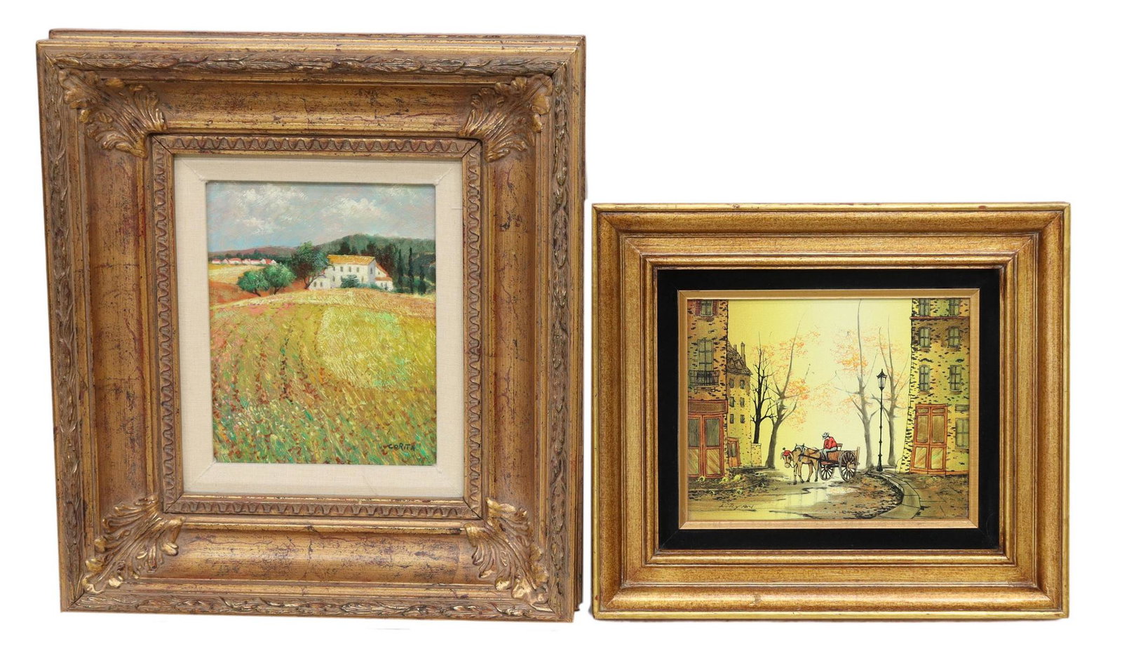 (2) DECORATIVE FRAMED PAINTINGS: (lot of 2) Framed paintings on canvas, including: (1) Provincial Field, signed lower right Corita, sight: 9.5"h, 7.5"w, overall: 19"h, 17"w, (1) Donkey-drawn Cart, signed lower left L. Ryan, sight: 7.