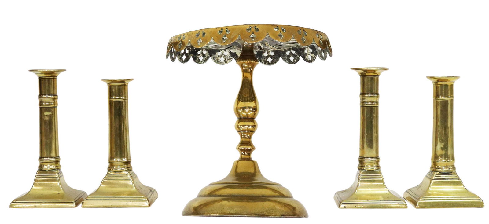 (5) ENGLISH BRASS CANDLESTICKS & VICTORIAN TRIVET (1 of 3)