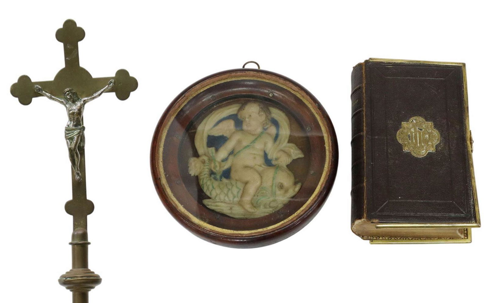 (3) RELIGIOUS CRUCIFIX, PRAYER BOOK, WAX PICTURE (1 of 6)
