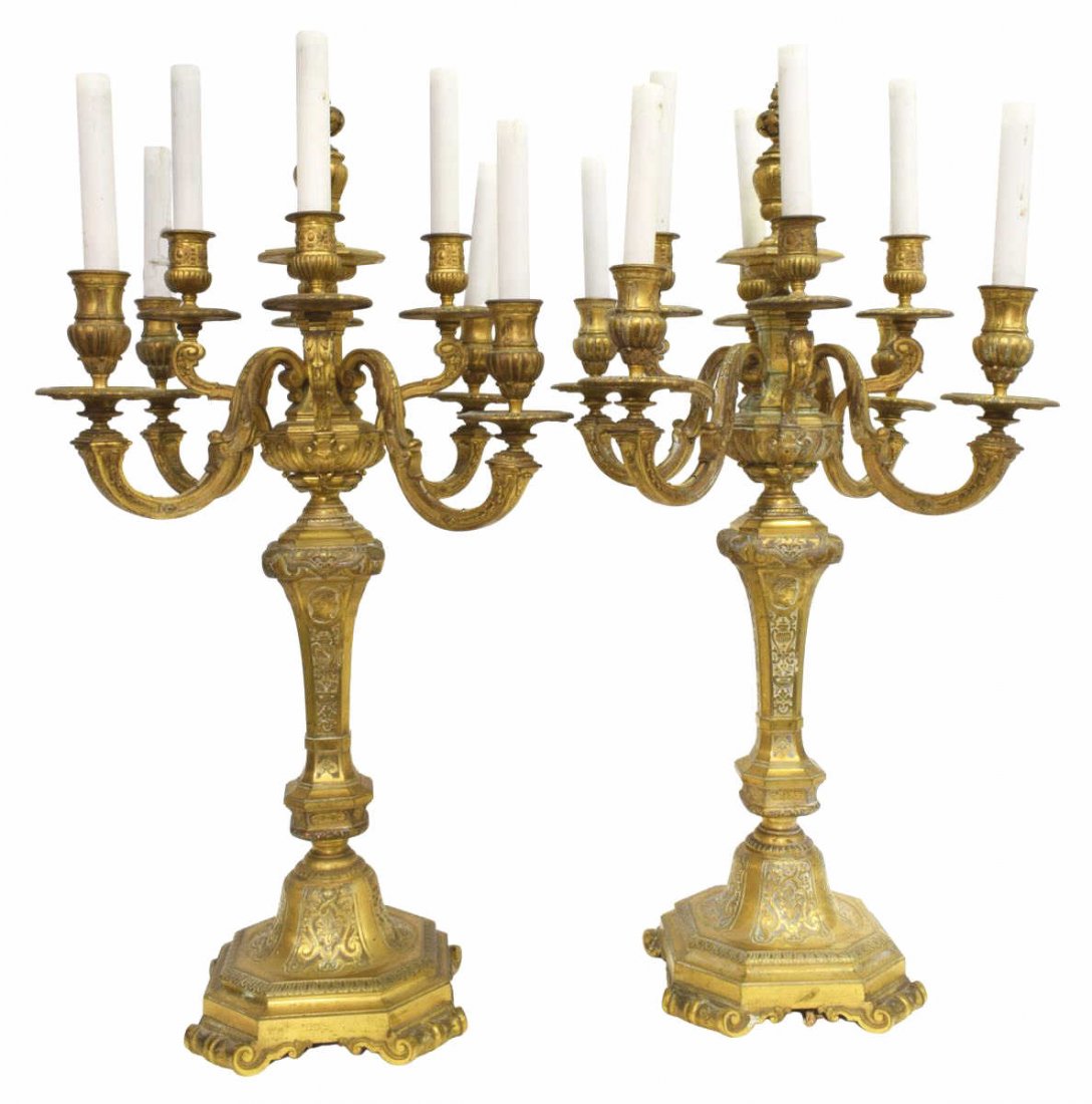 (2) FRENCH LOUIS XVI STYLE GILT BRONZE CANDELABRA (1 of 2)