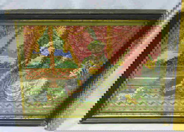 ANTIQUE BEADED SCENIC PICTURE IN FRAME: 19TH CENT. FANTASTIC TOTALLY BEADED MULTI-COLOR SCENE OF WOMAN IN 18TH CENT. TURKISH ATTIRE PLAYING A LUTE, SITTING UPON PILLOW. POODLE W/ BASKET IN HIS MOUTH AND A FILE FLORAL ARRANGEMENT. IN ADDITIO