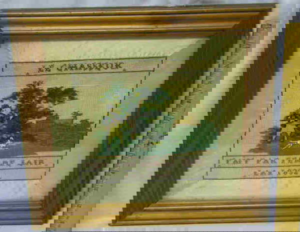 ANTIQUE BEADED SCENIC PICTURE IN FRAME: 19TH CENT. LINED W/ CREME SILK. DETAILED BEADED SCENE OF HUNTER IN 18TH CENT. ATTIRE W/ GUN, DOG, AND STAG IN THE WOODS. "LE CHASSEUR" BEADED IN RED LINES THE TOP (TRANSLATES TO THE HUNTER). ON BOTTOM