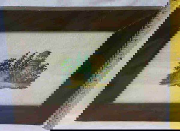 ANTIQUE BEADED SCENIC PICTURE IN FRAME: 19TH CENT. WOOD FRAME. FINE BEADS, CLEAR/WHITE/GOLD TONE. DETAILED SCENE OF CASTLE IN WOODS, BEHIND GATE. BEADED PORTION-APPROX. 6" X 8". W/ FRAME-APPROX. 9.5" X 11.5". COND. W/ AGE-MINOR BEAD LOSS AN