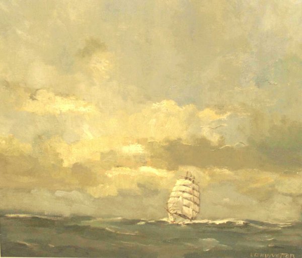 PAINTING,CLIPPER SHIP AT SEA, LEA D'HUYVETTER (XX): Framed oil on canvas, Clipper Ship on a Stormy Sea, by Léa D'Huyvetter (XX), signed L D'Huyvetter lower right, sight: 22.75"h, 27"w, overall: 29"h, 33"w, 7.75lbs