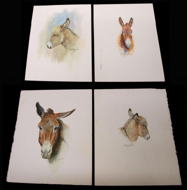 FOUR WATERCOLOR PAINTINGS TEXAS CAL GASPARD: (lot of 4), Unframed, watercolor paintings on art paper, two donkey paintings, two goat paintings, by Cal Gaspard (American, b. 1934), each signed, two 11.5"h, 9"w, one 14"h, 11"w, one 14"h, 11.25"w, 
