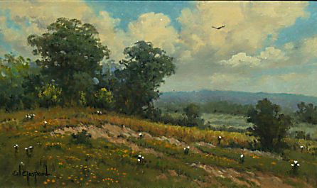 PAINTING, ROLLING HILLS LANDSCAPE, CAL GASPARD: Framed oil on board, Rolling Hills, a landscape by Cal Gaspard (American, b. 1934-), signed lower left, sight: 5"h, 8.25"w, overall: 13.25"h, 16.25"w, 2.25lbs