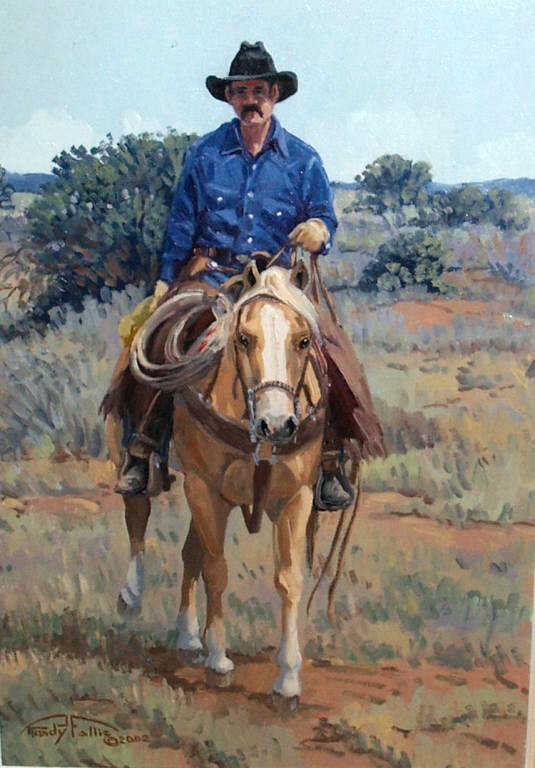 PAINTING, SUNDAY'S COWBOY, RANDY FOLLIS, TEXAS, NM: Framed oil painting, "Sunday"s Cowboy", by Randy Follis (Texas/New Mexico, 1939- ), signed and dated 2002 lower left, titled, signed, dated verso, under glass, sight: 12"h, 8"w, overall: 18.5"h, 14.25