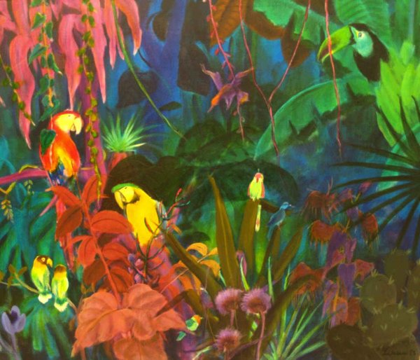 PAINTING, BIRD JUNGLE, GUSTAV LIKAN (YUGOSLAVIAN): Large framed painting on canvas, Birds in the Jungle, by Gustav Likan (Yugoslavian, 1912 - 1998), signed Likan and dated '83 lower right, overall: 52.75"h, 62.5"w, 11lbs