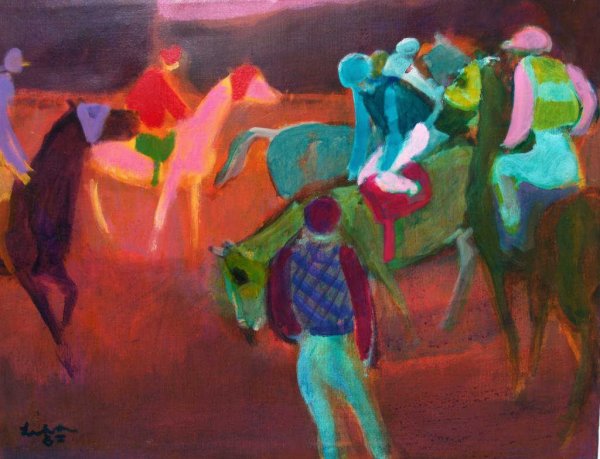 PAINTING, EQUESTRIAN JOCKEY & HORSES, GUSTAV LIKAN: Unframed oil on canvas, Jockeys and Horses, by Gustav Likan (Yugoslavian, 1912 - 1998), signed and dated '85 lower left, 24"h, 30"w, 2.5lbs