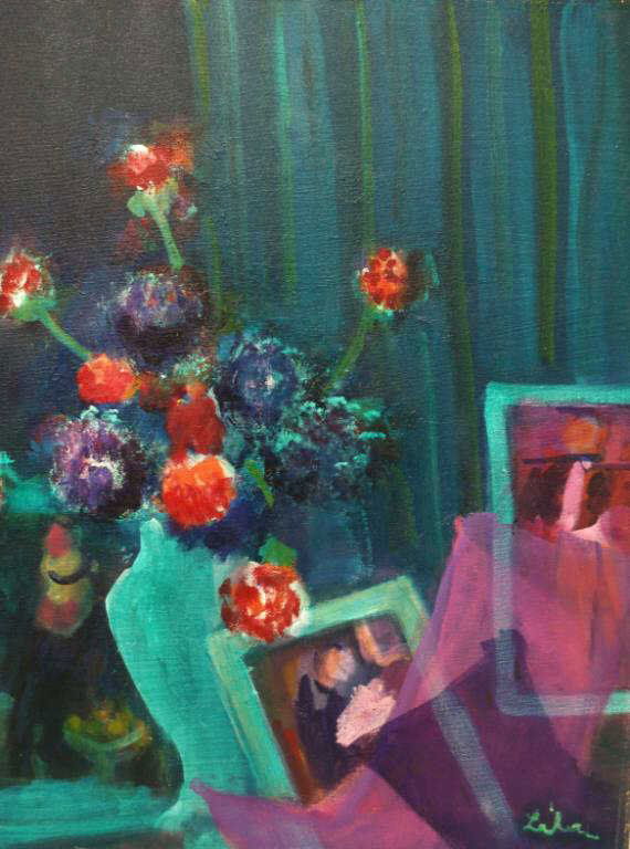 PAINTING, FLORAL VASE, GUSTAV LIKAN (1912-1998): Unframed acrylic on canvas, Turquoise Vase with Flowers, by Gustav Likan (Yugoslavian, 1912 - 1998), signed Likan lower right, 24"h, 20"w, 1.25lbs