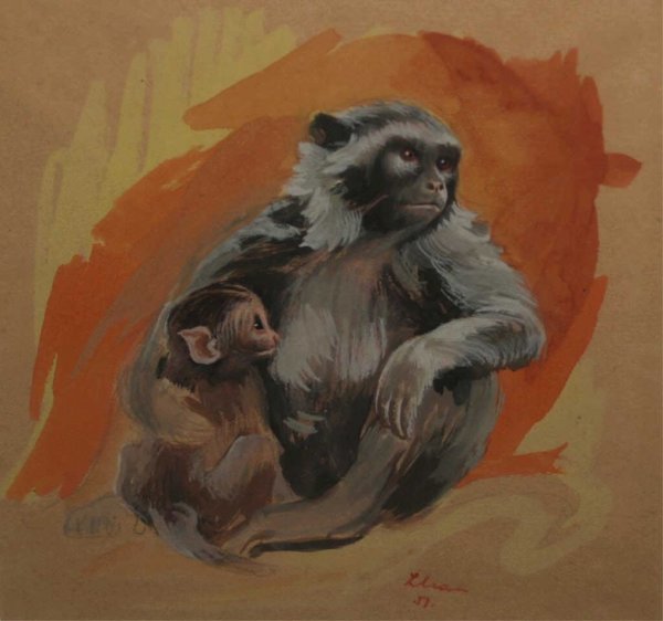 WATERCOLOR, MONKEY PALS, GUSTAV LIKAN (1912-1998): Framed watercolor, Monkey Pals, by Gustav Likan (Yugoslavian, 1912-1998), signed Likan and dated ''51? lower right, sight: 6.5"h, 6.5"w, overall: 15.75"h, 15.25"w, 3.25lbs