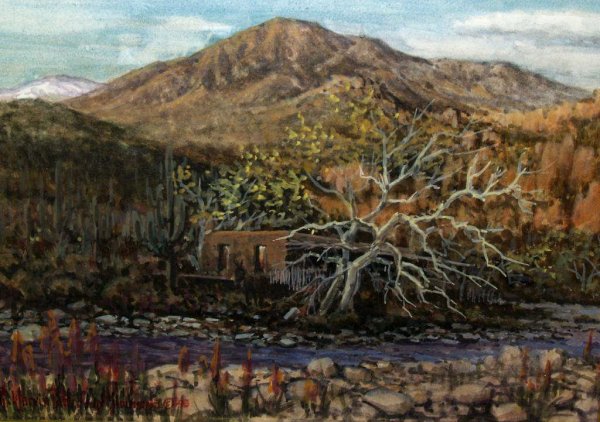 PAINTING, DESERT LANDSCAPE, RICK MORRIS PATTERSON: Framed painting, Desert Landscape , by Rick Morris Patterson (Texas, b. 1959), signed lower left R. Morris Patterson Simmons, '98, (actual name) under glass, sight: 6.75"h, 9.75"w, overall: 18.75"h, 2