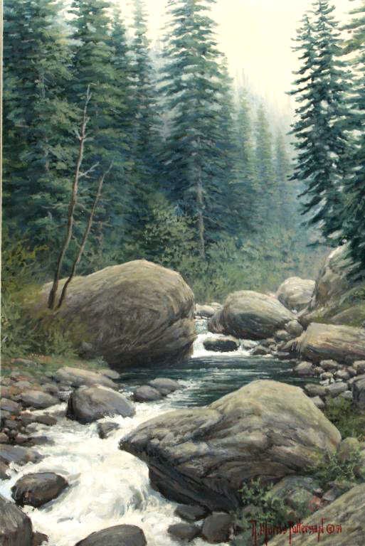 PAINTING, RUNNING RIVER, RICK MORRIS PATTERSON: Framed oil on board, Running River, by Rick Morris Patterson (Texas, b. 1959), signed lower right R. Morris Patterson and dated '91, sight: 11.75"h, 7.5"w, overall: 24.25"h, 20.25"w, 7lbs
