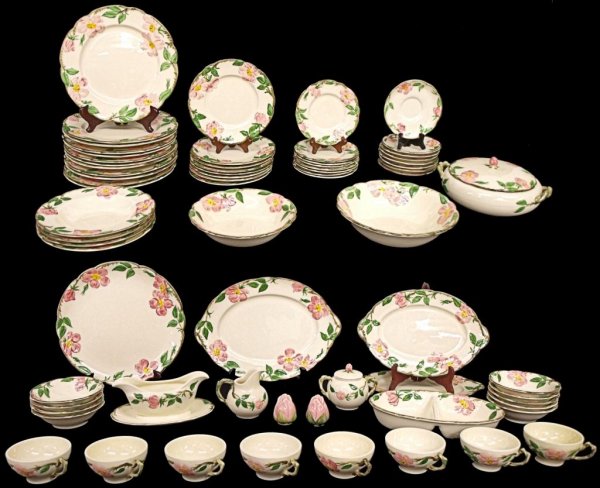 FRANCISCAN 'DESERT ROSE' DINNER SERVICE FOR EIGHT: (70 pieces) Franciscan ''Dessert Rose'' dinner service for eight plus extras consisting of (12) dinner plates, (8) salad plates, (8) bread plates, (9) berry bowls, (4) shallow bowls, (8) cups with (8)