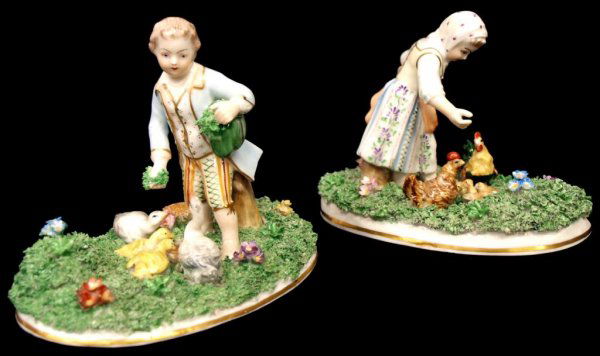 (2) ANTIQUE CARL THIEME DRESDEN PORCELAIN FIGURES: (lot of 2) German porcelain figures, each bearing the mark of Carl Thieme, Dresden, modeled as children in period dress, the boy feeding geese, the girl hens, each 5"h, 5.5"w, 4"d, 2lbs total