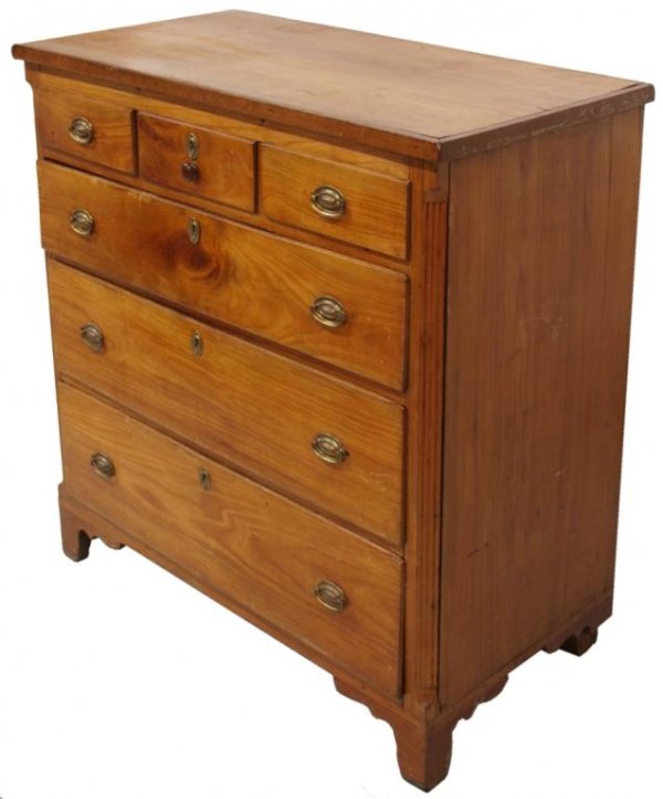 AMERICAN HEPPLEWHITE STYLE CHEST OF DRAWERS: American Hepplewhite style chest of six drawers, late 19th c., on a bracket base, brasses have been replaced, some splitting and overall restoration, 43"h, 41"w, 21"d