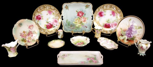 FINE NIPPON, ROSENTHAL, BAVARIAN GILT PORCELAINS: (lot of 13) Collection of hand and transfer decorated porcelains including: (2) Nippon cabinet plates, each featuring a wide band of raised gilt enameling in a foliate pattern, bright pink roses paint