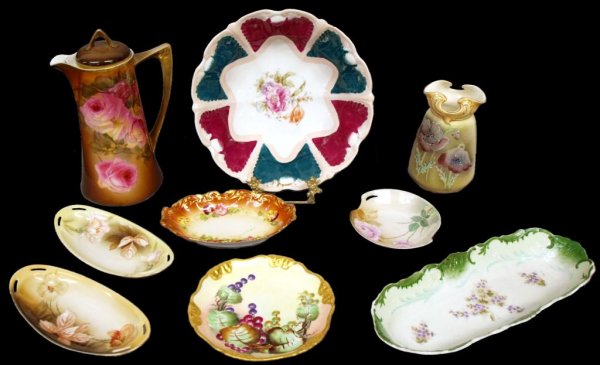 COLLECTION OF PORCELAIN TABLEWARE, ROSENTHAL: (lot of 9) Collection of hand and transfer decorated tableware including a Royal Munich, Bavaria chocolate pot in a rose motif, several RS Germany bone dishes, Rosenthal grape plate with gilt borders,