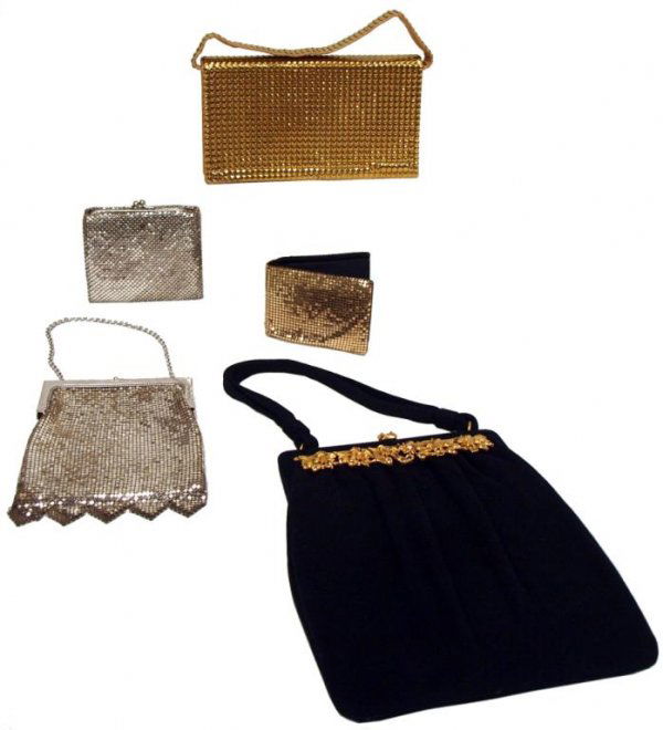 COLLECTION VINTAGE PURSES, WHITING & DAVIS MESH: (lot of 5) Vintage purses and wallets of various material, (1) silver mesh by Whiting Davis, (2) by Duramesh, only minor wear/loss, the largest by Ingber in black with gilt metal and clear stone adorn