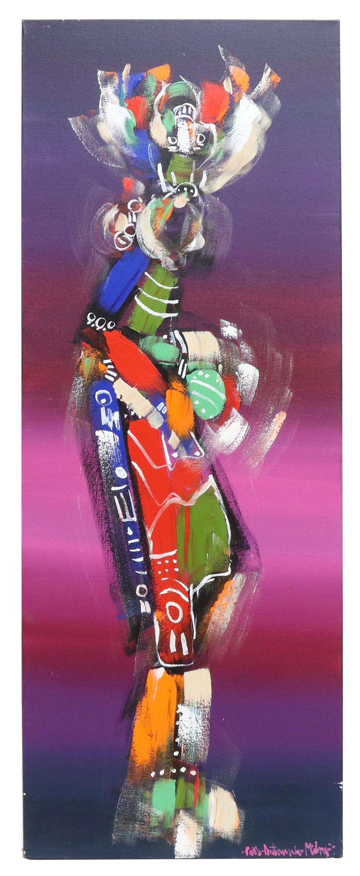 PABLO ANTONIO MILAN (1961-2017) NATIVE DANCER: Unframed acrylic painting on stretched canvas, Native American Dancer, signed lower right Pablo Antonio Milan (American, 1961-2017), overall: 58"h, 22"w, 7.5lbs Start Price: $500.00