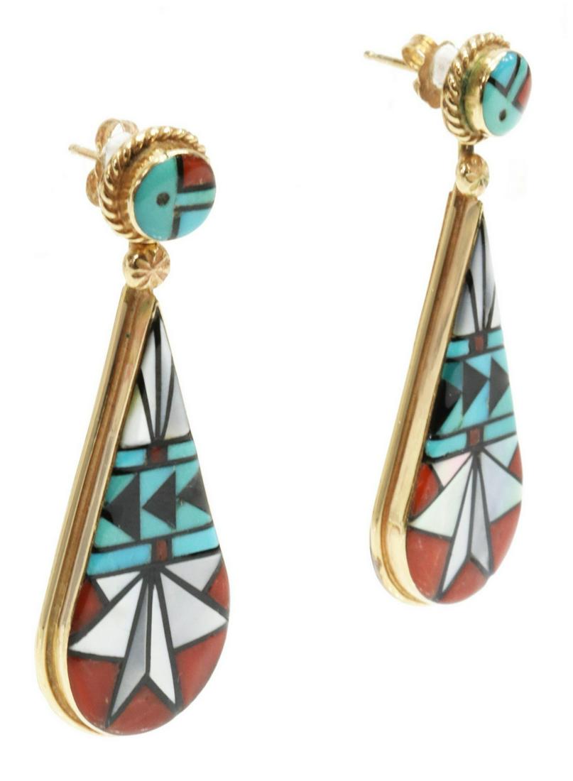 TONY & OLA ERIACHO ZUNI INLAID 14KT GOLD EARRINGS (1 of 3)