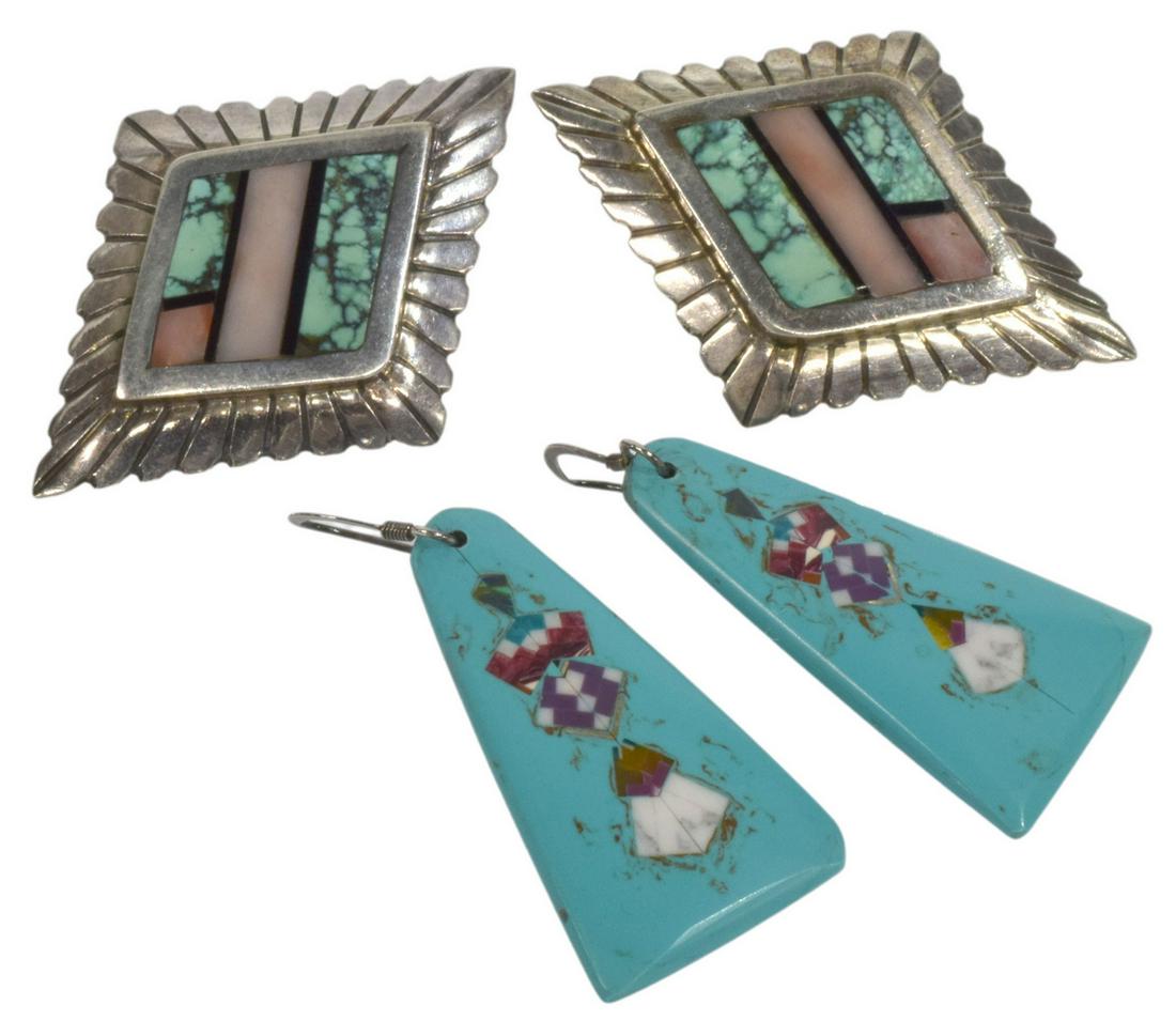 (2 PR) NATIVE AMERICAN TURQUOISE & SILVER EARRINGS (1 of 5)