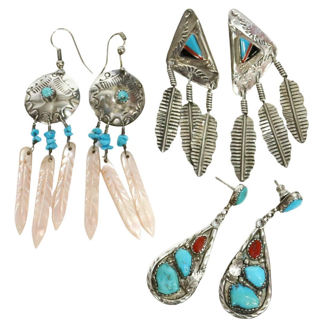 (3 PR) NATIVE AMERICAN TURQUOISE & SILVER EARRINGS (1 of 4)