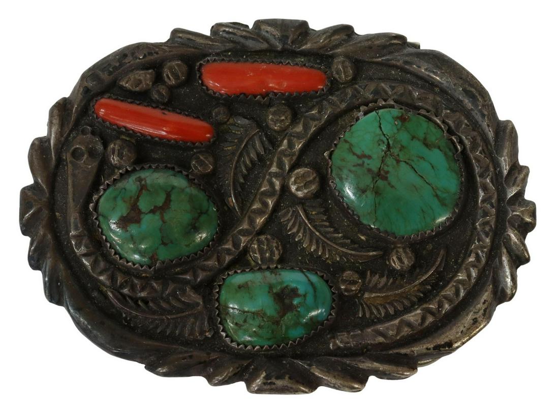 NATIVE AMERICAN TURQUOISE & CORAL SNAKE BUCKLE: Native American silver (content unknown) belt buckle, a silver snake surrounding three turquoise stones and two red coral cabochons in serrated bezels, stones intact with some chips and fractures, uns