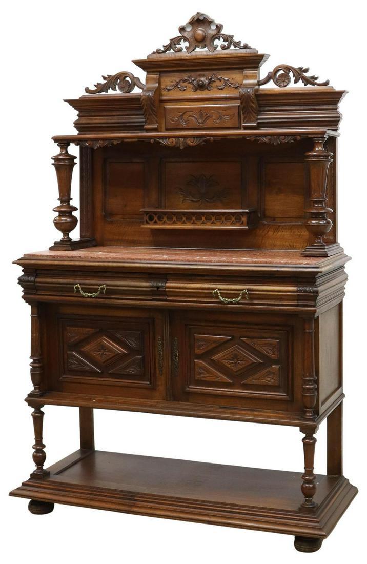 FRENCH HENRI II STYLE MARBLE-TOP WALNUT SERVER (1 of 6)